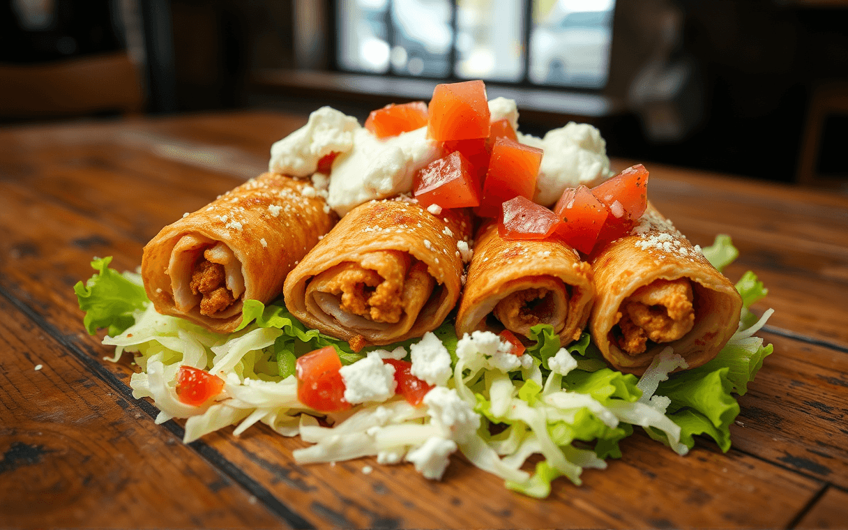 Flautas de pollo doradas sobre ensalada, con crema y chimol encima