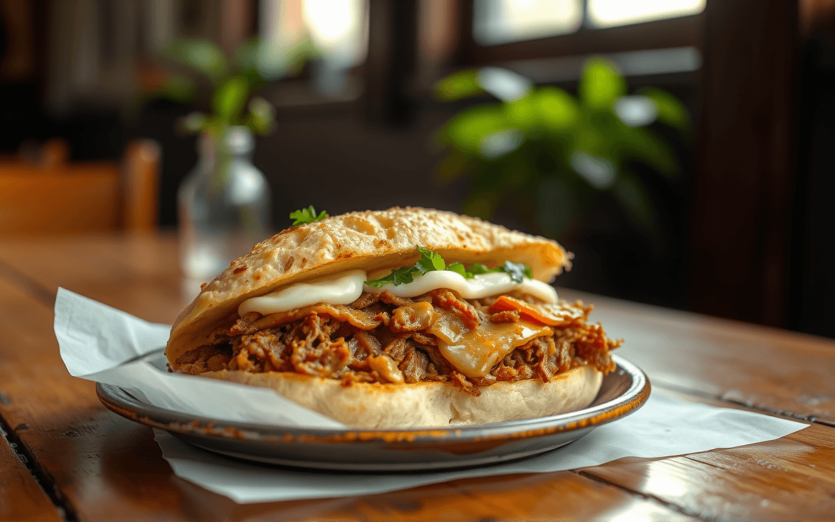 Torta de birria con costra de queso mozzarella sobre el pan